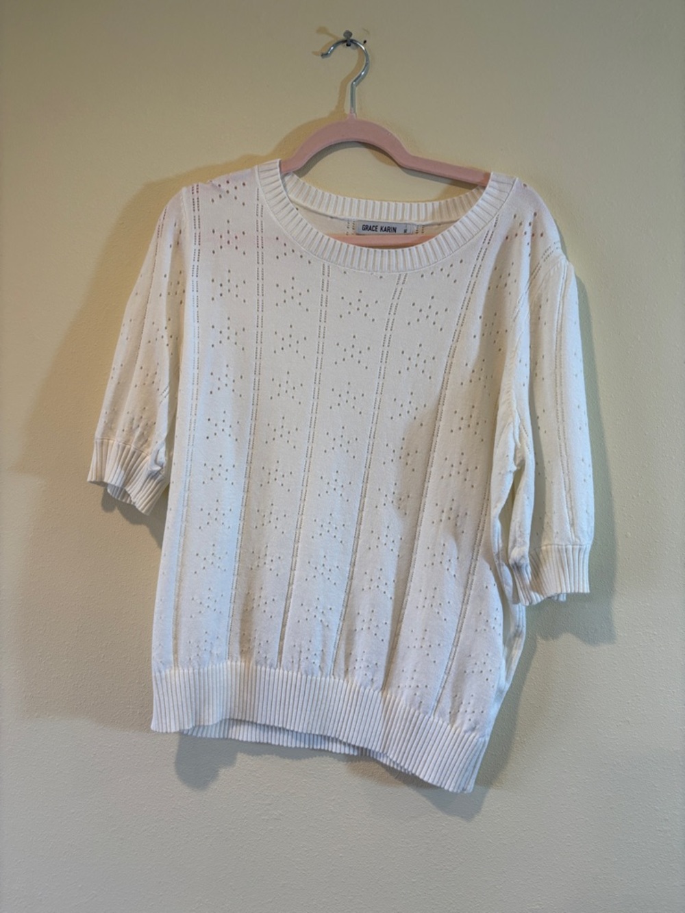 Grace Karin Cream Eyelet Knit Short Sleeve Pullover